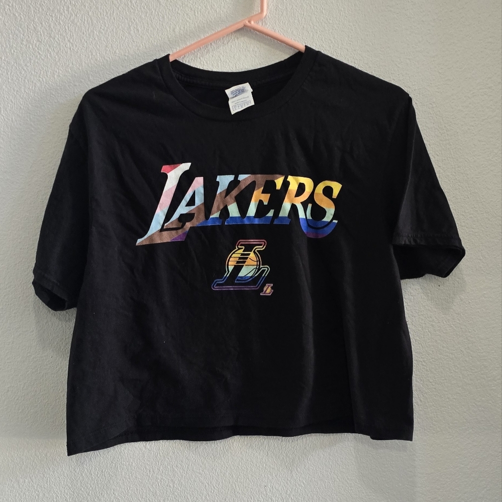 Delta Ringspun Black crop Los Angeles Lakers T-shirt size large